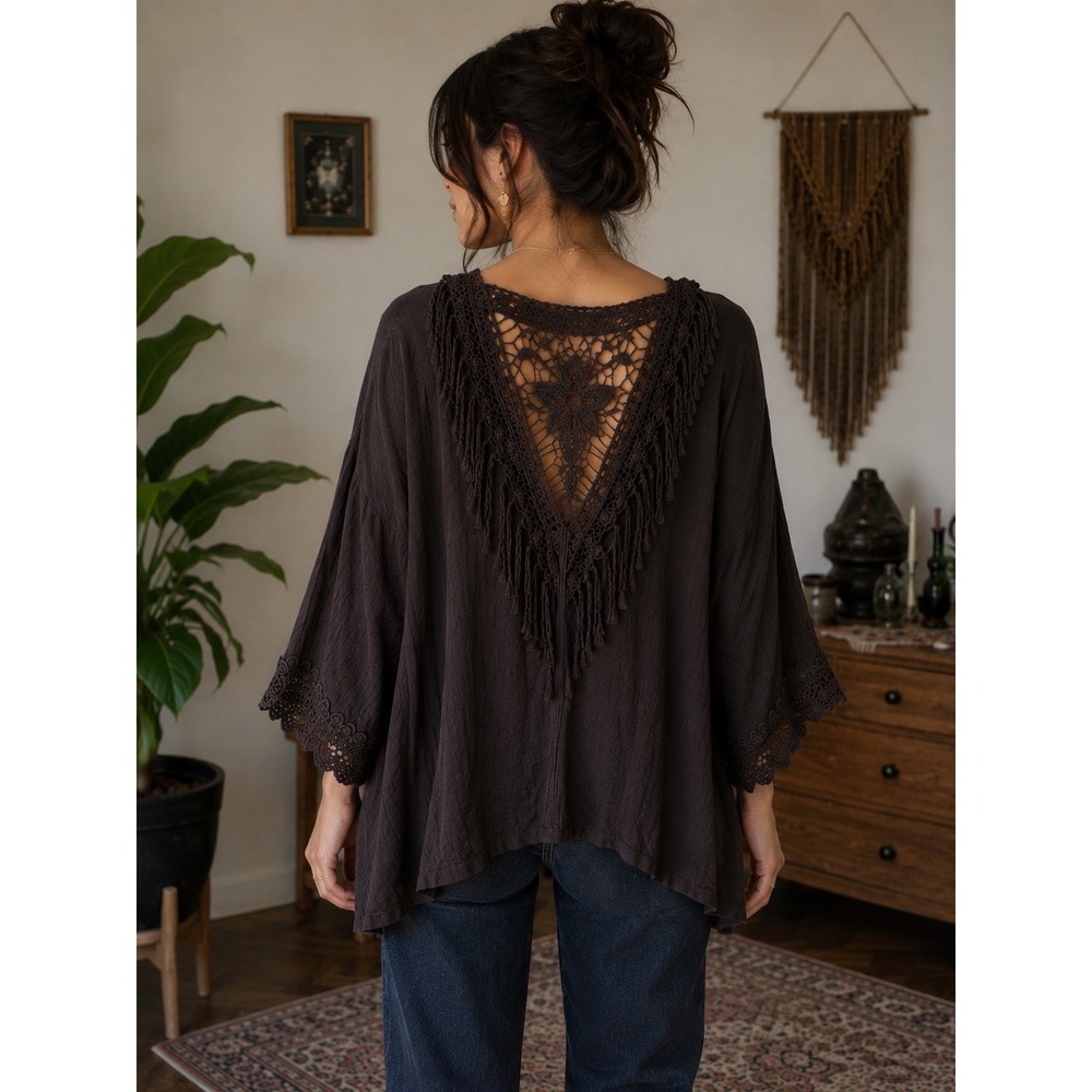 Crochet Fringe Cardigan Women Small Black Shrug Gauze Flowy Boho‎ Beach Resort